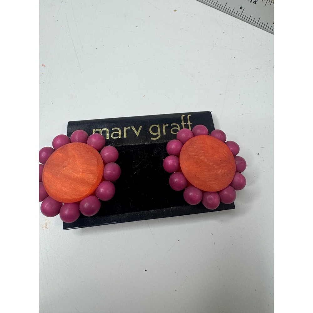 Marv Graff Vintage Clip On Earrings Orange Magenta Purple Flower Statement